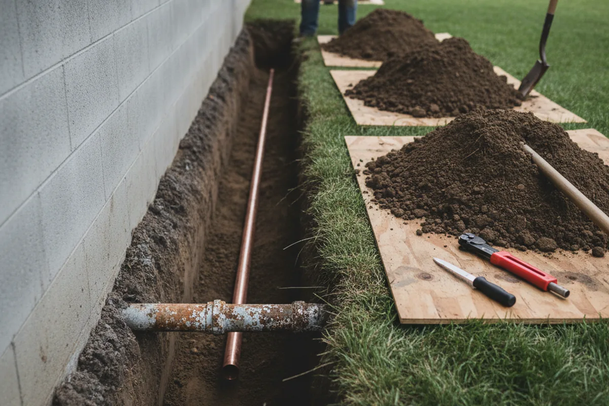 Excavated water line trench during Water Heater Repair in Beallsville